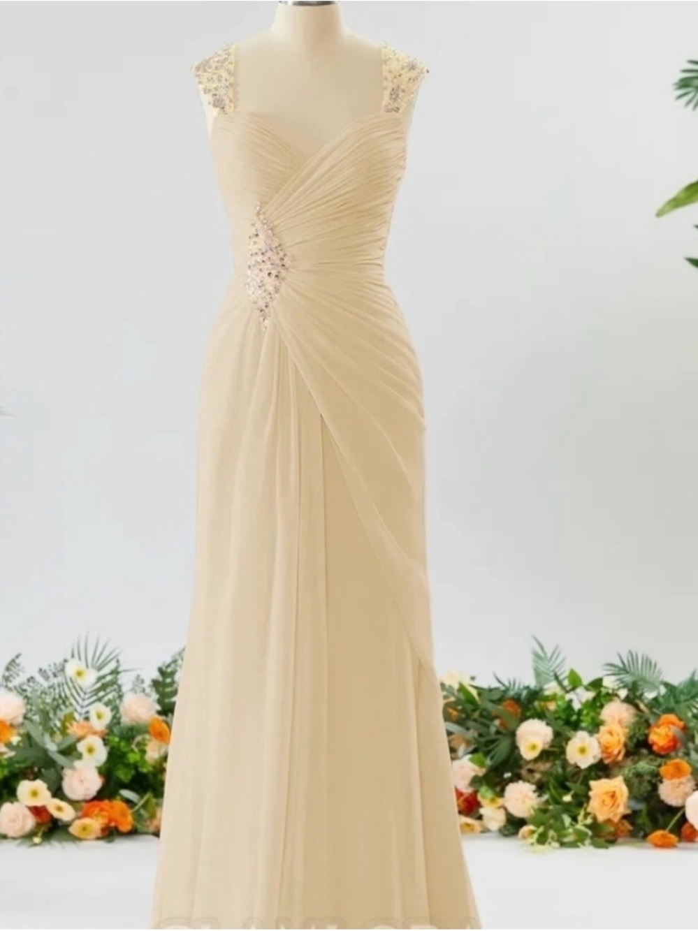 Embellished Cream Cap-Sleeve Maxi Dress